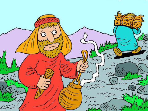Antes de subir o monte para construir um altar, Abraão também levou o fogo em um recipiente e uma faca. – Slide número 9