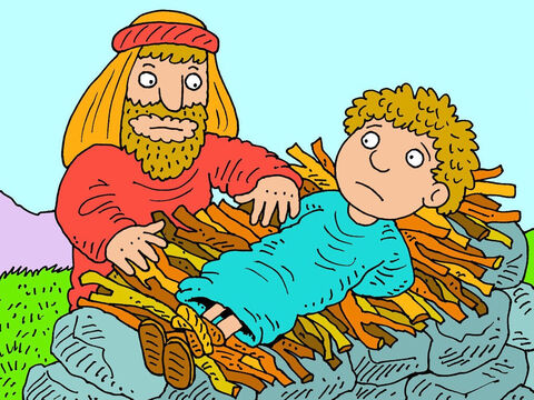 Abraão então colocou a lenha sobre o altar, depois amarrou seu filho e o colocou em cima da madeira. Certamente Abraão não faria mal ao filho que tanto amava. – Slide número 13