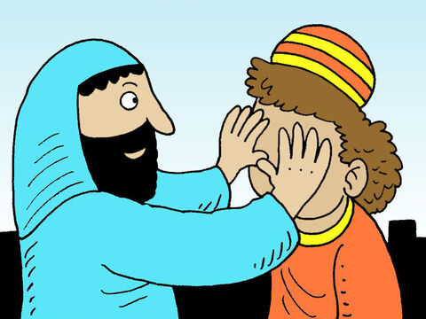 Mais uma vez Jesus colocou Suas mãos sobre os olhos do homem. – Slide número 5