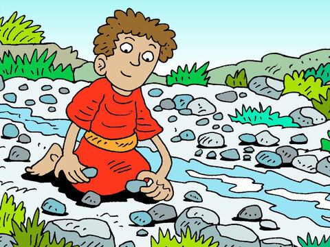 Davi selecionou cinco pedras lisas do riacho no vale, e colocou quatro delas no bolso de sua trouxa de pastores. – Slide número 16