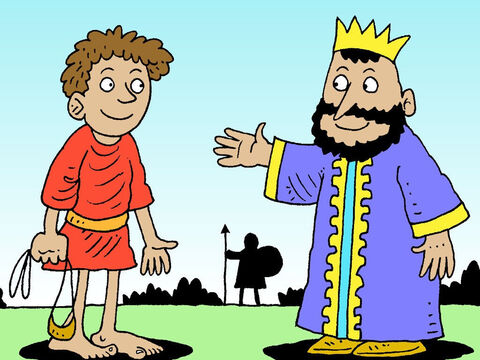 Saul perguntou a Davi: “Jovem, de quem você é filho?<br/>“Eu sou o filho de seu servo Jessé, de Belém", disse Davi. Mal sabia o rei Saul que, um dia, este jovem, que confiava em Deus, se tornaria o próximo rei de Israel. – Slide número 31