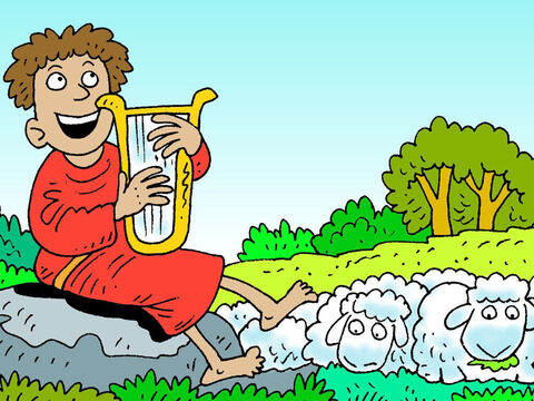Enquanto cuidava delas, aprendeu a tocar harpa e cantava canções de louvor a Deus. Algumas de suas canções são conhecidas como salmos e podem ser encontradas na Bíblia. – Slide número 9
