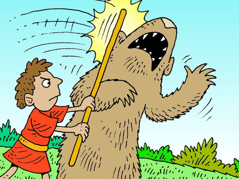 Usando seu cajado de pastor, ele atacava o urso. – Slide número 13