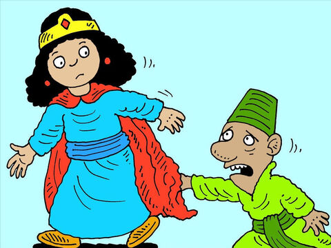 Quando o rei viu Hamã agarrado ao vestido de Ester, ele pensou que Hamã estava tentando atacá-la. – Slide número 11