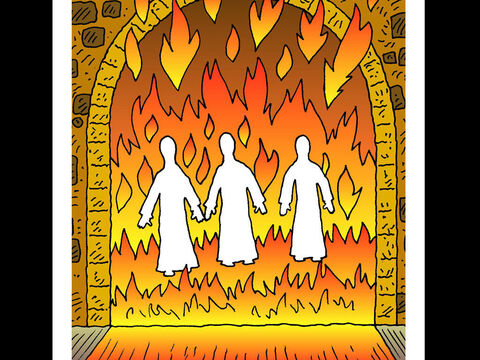 Mesaque, Sadraque e Abede-Nego<br/>Estes três judeus se recusaram a se curvar diante de um grande ídolo mesmo quando ameaçados de serem jogados em uma fornalha. Deus os resgatou das chamas. – Slide número 16