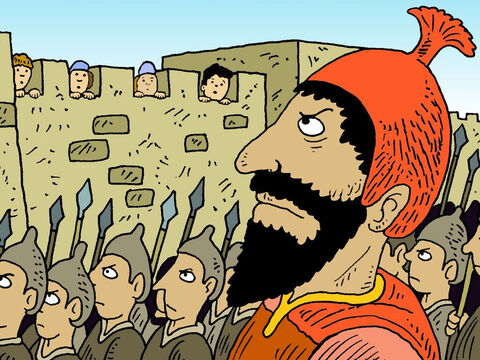 Um dia, o poderoso e cruel rei Senaqueribe, governante dos assírios, marchou sobre Jerusalém com seu grande e poderoso exército e sitiou a cidade. – Slide número 2