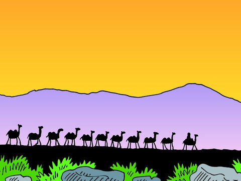 O criado escolheu dez camelos e os carregou com provisões. Depois ele partiu para Arã-Naaraim, na Mesopotâmia, onde vivia o irmão de Abraão, Naor. – Slide número 4