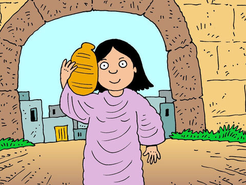 Enquanto ele orava, uma mulher chamada Rebeca veio ao poço. Ela estava carregando um pote de água no ombro. – Slide número 7