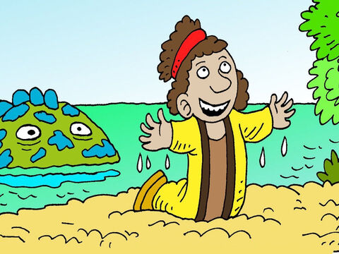 Depois de três dias e três noites, o grande peixe cuspiu Jonas em uma praia. Ele estava a salvo. Ele estava vivo e bem. – Slide número 5