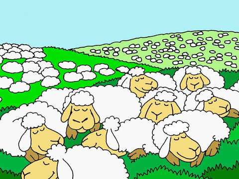 Ele me faz deitar em pastos verdes.<br/>As ovelhas geralmente se deitam quando se sentem seguras e satisfeitas. Isto significa que normalmente estou contente porque todas as minhas necessidades foram atendidas. – Slide número 2