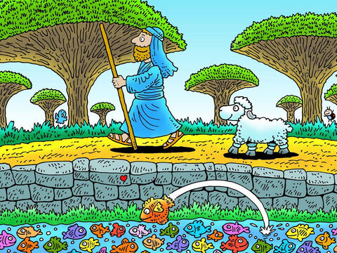 “Siga-me”, disse o pastor enquanto partiam para o aprisco das ovelhas. A ovelhinha seguiu, mas estava muito cansada. Então o pastor a pegou e a carregou em seus ombros. – Slide número 20