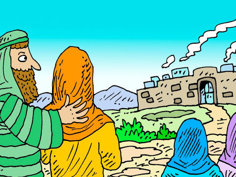 Ló olhou ao redor e viu que a planície da Jordânia tinha muita água e boa terra. Então, ele decidiu montar suas tendas perto da cidade de Sodoma. Abrão foi na outra direção para morar perto de Hebrom, onde construiu um altar ao Senhor. – Slide número 3
