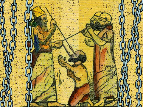 Os assírios capturaram Manassés e o colocaram em cadeias. Eles colocaram um anel em seu nariz e o levaram à Babilônia como prisioneiro. Aqui está a figura de um museu mostrando um rei assírio colocando ganhos nos narizes de seus prisioneiros. – Slide número 15