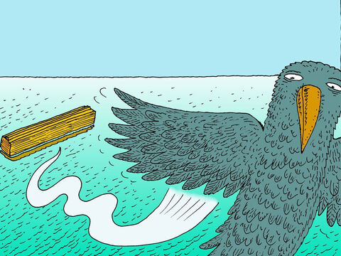 Noé enviou um corvo para ver se ele encontraria terra seca, mas ele não conseguiu. Depois Noé enviou uma pomba, mas ela voltou ao barco, já que não pôde encontrar terra. – Slide número 21