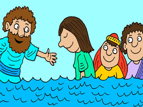 Então, ele e sua família foram batizados. O carcereiro levou Paulo e Silas para a sua casa para terem uma refeição. – Slide número 18