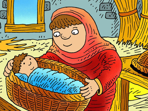 Joquebede mostrou sua fé em Deus ao esconder seu bebê Moisés em uma pequena cesta. – Slide número 4