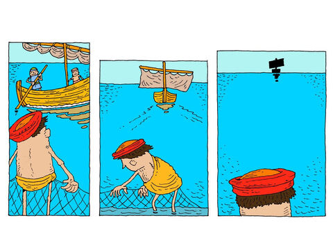 Numa tarde calma...<br/>Um barco se afastou da costa do lago da Galileia. A água batia gentilmente contra as pedras na costa. – Slide número 1