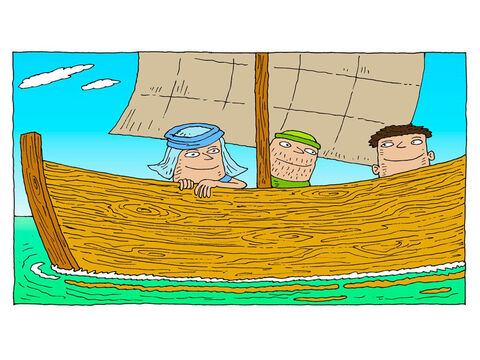 No barco, os discípulos se perguntavam...<br/>Como Jesus vai atravessar um lago tão grande? Ele não tem um barco. – Slide número 7