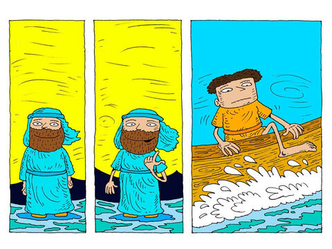 Jesus respondeu: “Então venha!”.<br/>Com muito cuidado, Pedro levantou sua perna sobre o lado do barco. – Slide número 17