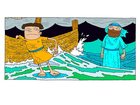 Pedro se agarrou ao lado do barco, esperando afundar, mas a água o sustentou. – Slide número 19
