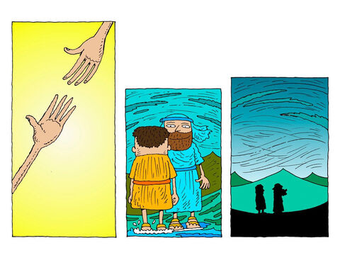 Jesus estendeu Sua mão e puxou Pedro sobre seus pés novamente.<br/>“Pedro, você tem fé tão pequena!”, Jesus lhe disse. “Por que duvidou?” Ambos ficaram de pé juntos sobre a água. – Slide número 26