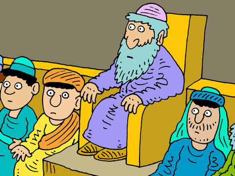 “Esses fariseus e mestres da lei amam ter os assentos mais importantes nos banquetes. E amam ter os lugares mais importantes nas sinagogas. – Slide número 8