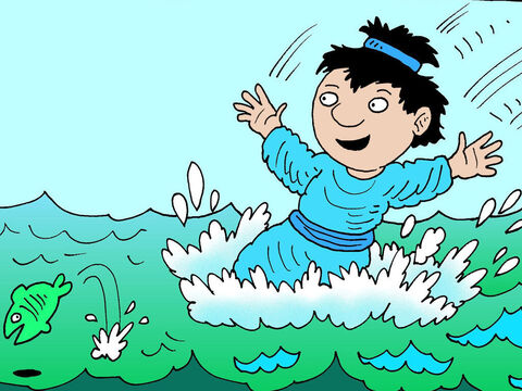 João disse a Pedro: “É o Senhor!”. Quando Simão Pedro ouviu que era o Senhor, ele colocou sua túnica e pulou dentro do mar. – Slide número 5