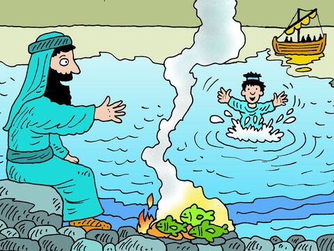 Os outros discípulos o seguiram dentro do barco, arrastando a rede cheia de peixes. Quando chegaram à praia, viram uma fogueira com peixes sobre ela e alguns pães. – Slide número 6