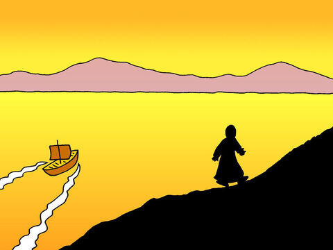 Depois de alimentar 5000 pessoas com cinco pães e dois peixes, Jesus disse a Seus discípulos para entrar no barco e irem à frente dele para o outro lado do mar da Galileia. Depois Jesus subiu uma montanha sozinho para orar. – Slide número 1