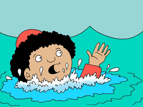 E começou a afundar na água, clamando: “Jesus, me salve!”. – Slide número 12