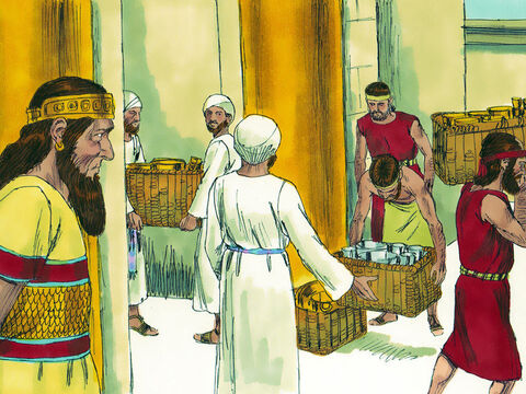 Seus vizinhos foram muito generosos, dando-lhes presentes. O rei Ciro devolveu 5400 objetos valiosos de ouro e prata que os babilônios haviam roubado do Templo e os deu a Sesbasar, o líder de Judá. – Slide número 7