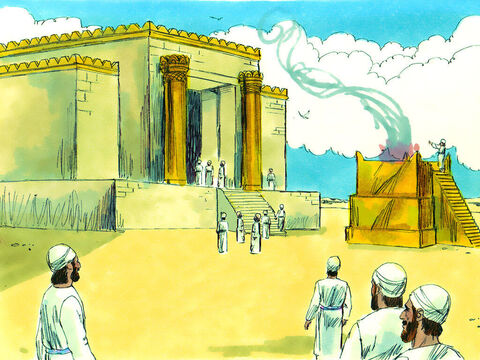 No sexto ano do reinado do rei Dario, o templo foi concluído. As pessoas se reuniram para uma cerimônia especial de abertura. – Slide número 11
