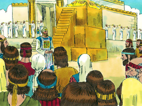 Foi uma ocasião feliz com sacrifícios oferecidos pelos pecados do povo. Os sacerdotes foram designados para cuidar do Templo e de seu trabalho. A Páscoa foi celebrada com grande alegria. – Slide número 12