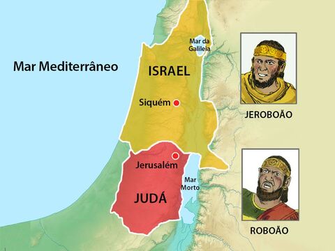 A nação de Israel estava agora dividida com o rei Roboão governando a tribo de Judá e Benjamim em Jerusalém e Jeroboão governando as dez tribos restantes de Israel a partir de Siquém. – Slide número 21