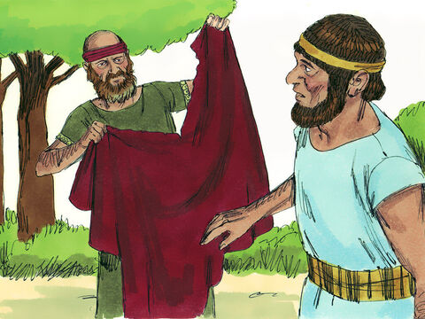 Certo dia, quando Jeroboão estava saindo de Jerusalém, o profeta Aías, que vestia um manto novo, encontrou-o e falou com ele a sós no campo. – Slide número 7
