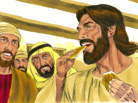 Eles deram a Ele um pedaço de peixe grelhado, e Jesus o comeu enquanto eles observavam. Eles agora sabiam que não estavam vendo um fantasma. – Slide número 5