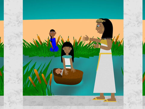 A irmã do bebê ficou a distância para ver o que aconteceria com ele enquanto ele boiava no rio. A filha de Faraó veio tomar banho e, quando viu o bebê, ela mandou sua serva trazê-lo para ela. Quando o bebê começou a chorar, a filha do Faraó se apaixonou pela criança e percebeu que era um bebê hebreu. – Slide número 5