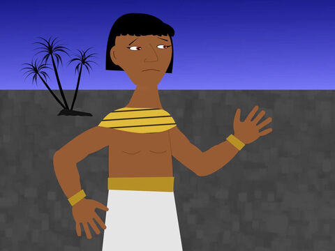 Moisés ficou tão irado que, quando achou que ninguém estava vendo, ele matou o egípcio e o enterrou sob a areia. – Slide número 9