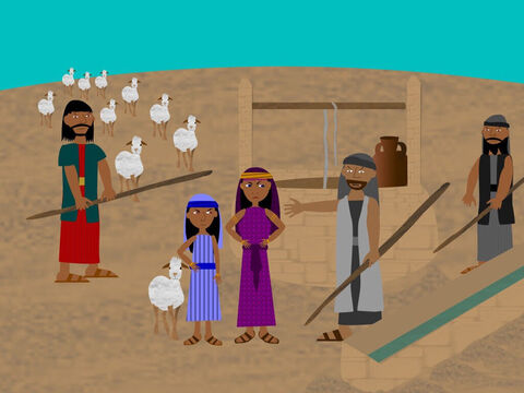 Moisés chegou a um poço no deserto para beber dele. Algumas moças se aproximaram para dar água para seu gado e os pastores tentavam afastá-las, porém Moisés veio socorrê-las e deu de beber aos animais. – Slide número 12