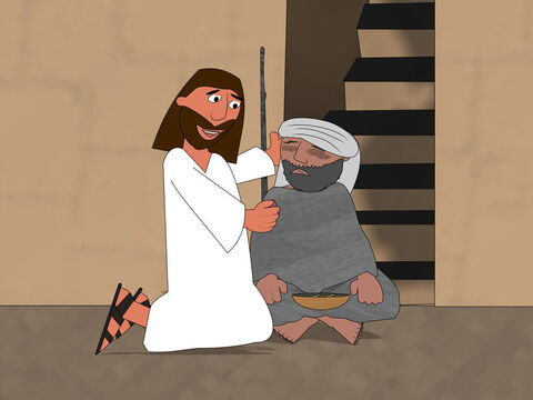 Jesus, então, cuspiu no chão e misturou o barro antes de colocá-lo sobre os olhos do cego.<br/>– Vá e lave-se no tanque de Siloé – Jesus disse ao homem. – Slide número 2