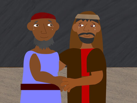 No meio do caminho, ele encontrou seu irmão, Arão, que ficou muito feliz em vê-lo novamente. Moisés contou a seu irmão tudo o que Deus havia dito e os sinais que Ele fizera. – Slide número 9