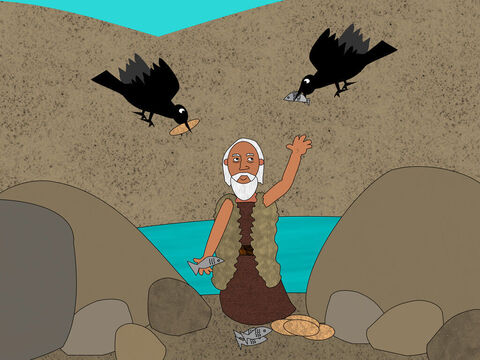 Depois Deus disse a Elias para ir a um lugar chamado riacho de Querite, onde Deus havia ordenado que corvos alimentassem o profeta. Os pássaros traziam carne e pão para Elias todas as manhãs e noites. Ele bebia água do riacho. – Slide número 4
