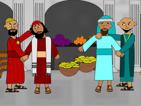 Os homens culparam Paulo e Silas por perderem o dinheiro e os agarraram enquanto estavam na praça principal. – Slide número 7