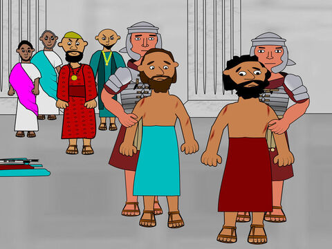 Os juízes ordenaram que Paulo e Silas fossem açoitados nas costas. – Slide número 9