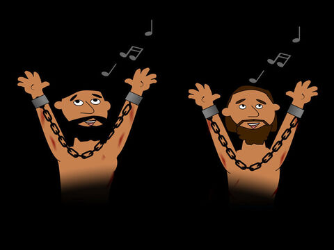 À meia-noite, Paulo e Silas começaram a cantar louvores a Deus. Todos os prisioneiros os ouviam. – Slide número 11