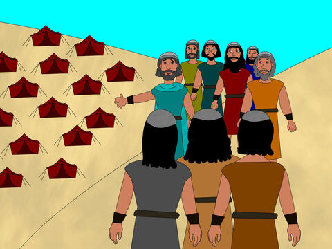 Então, Josué disse a seus oficiais que fossem a todos no acampamento e lhes dissessem:<br/>– Preparem comida, porque logo cruzaremos o rio Jordão. – Slide número 2