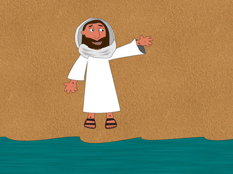 Jesus lhes disse:<br/>– Joguem a sua rede do lado direito do barco e pegarão alguns peixes. – Slide número 5
