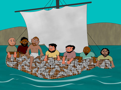 Eles fizeram como Jesus lhes dissera e pegaram tantos peixes que não conseguiam puxar a rede de volta para dentro do barco. – Slide número 6