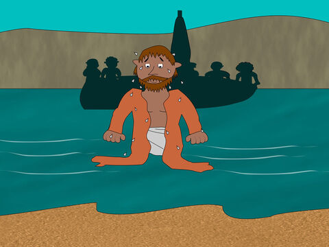 Quando Pedro ouviu isso, ele imediatamente colocou sua roupa e saltou para dentro da água. Ele ficou tão feliz em ver Jesus, que queria ir encontrá-lo. – Slide número 8