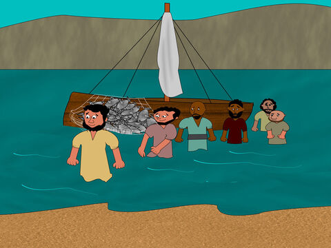 Os demais discípulos aproximaram-se da praia arrastando a rede com eles. Eles não estavam longe da praia. – Slide número 9